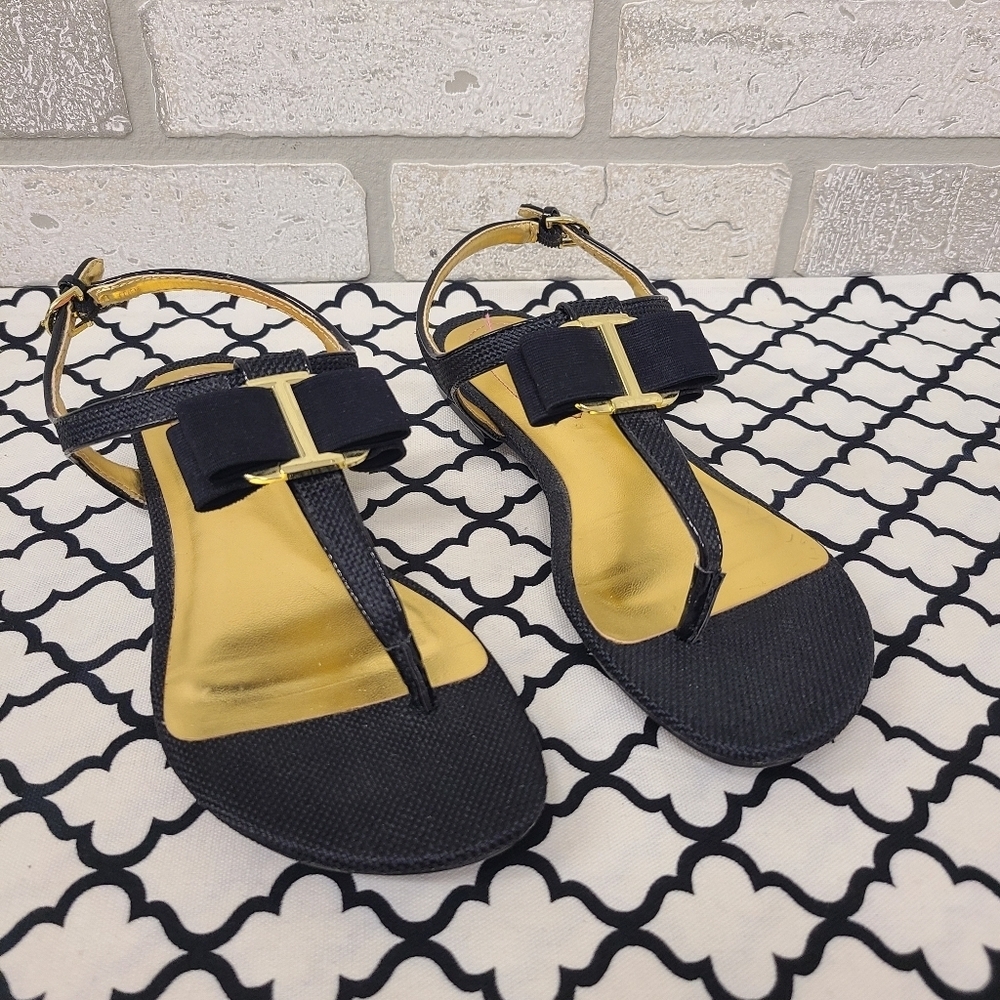 Isaac Mizrahi New York Black and Gold Slingback Thong Sandal Size 8